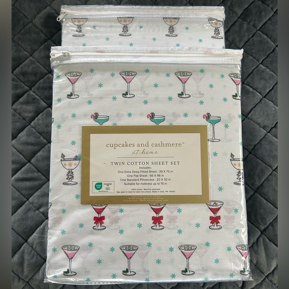 2 Sets Twin Size Holiday Sheet Sets Cupcakes and Cashmere Cocktails